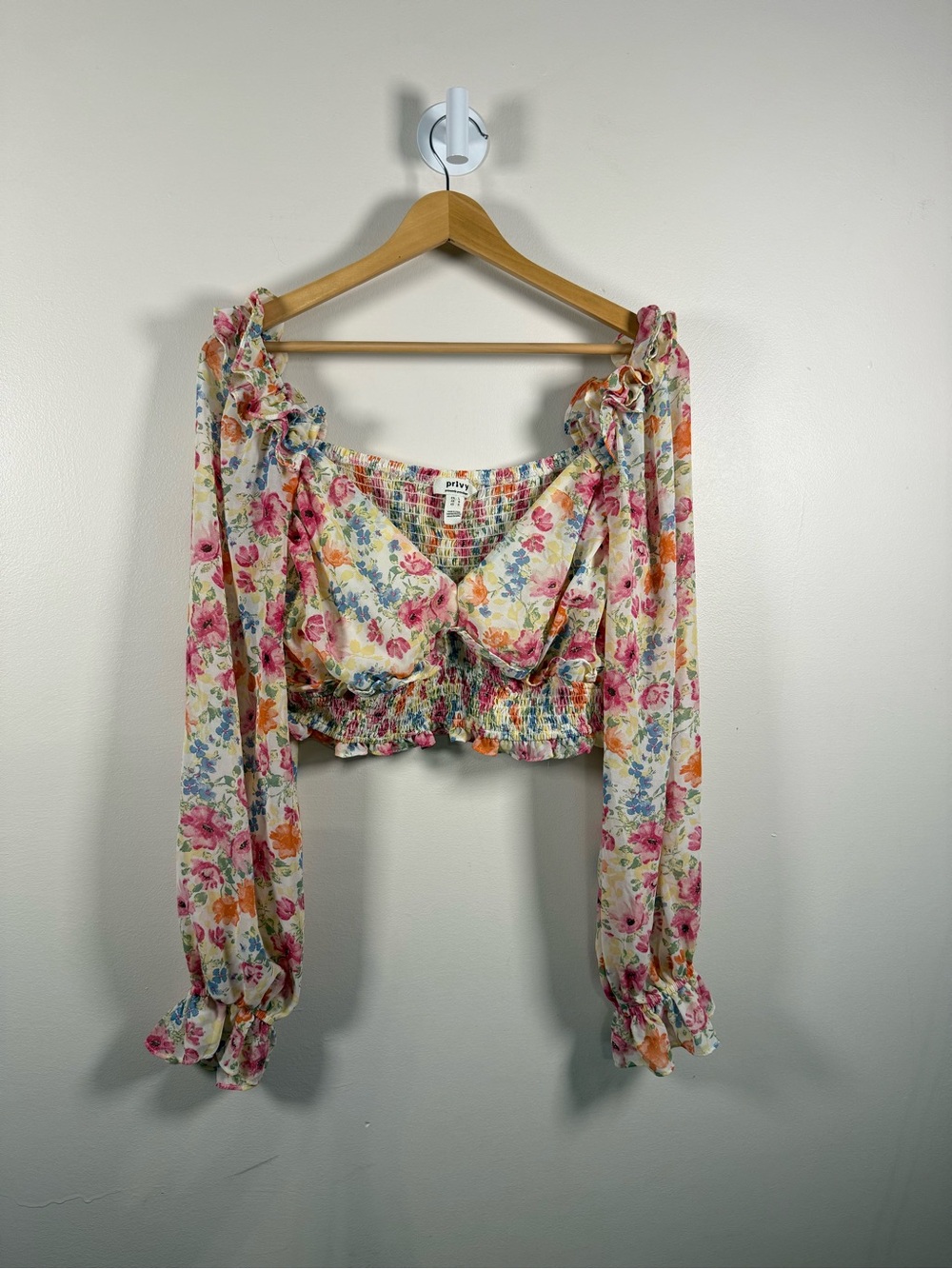 privy Floral Off-Shoulder Smocked Crop Top - Pink, Blue, Orange, Cream